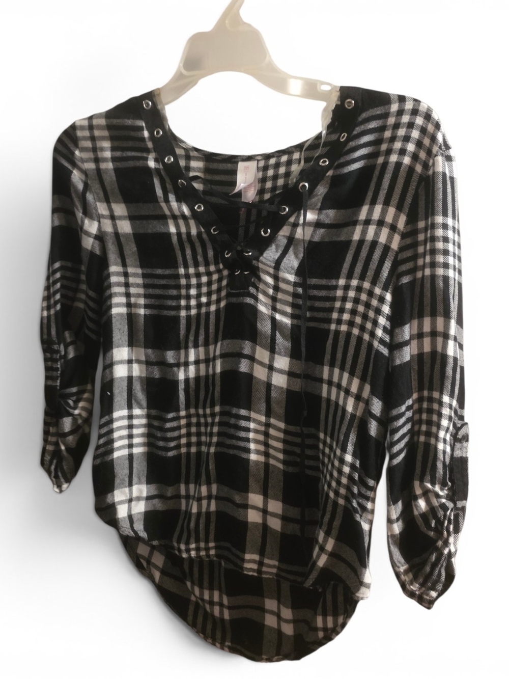 Black & White Plaid Lace-Up Women's Top